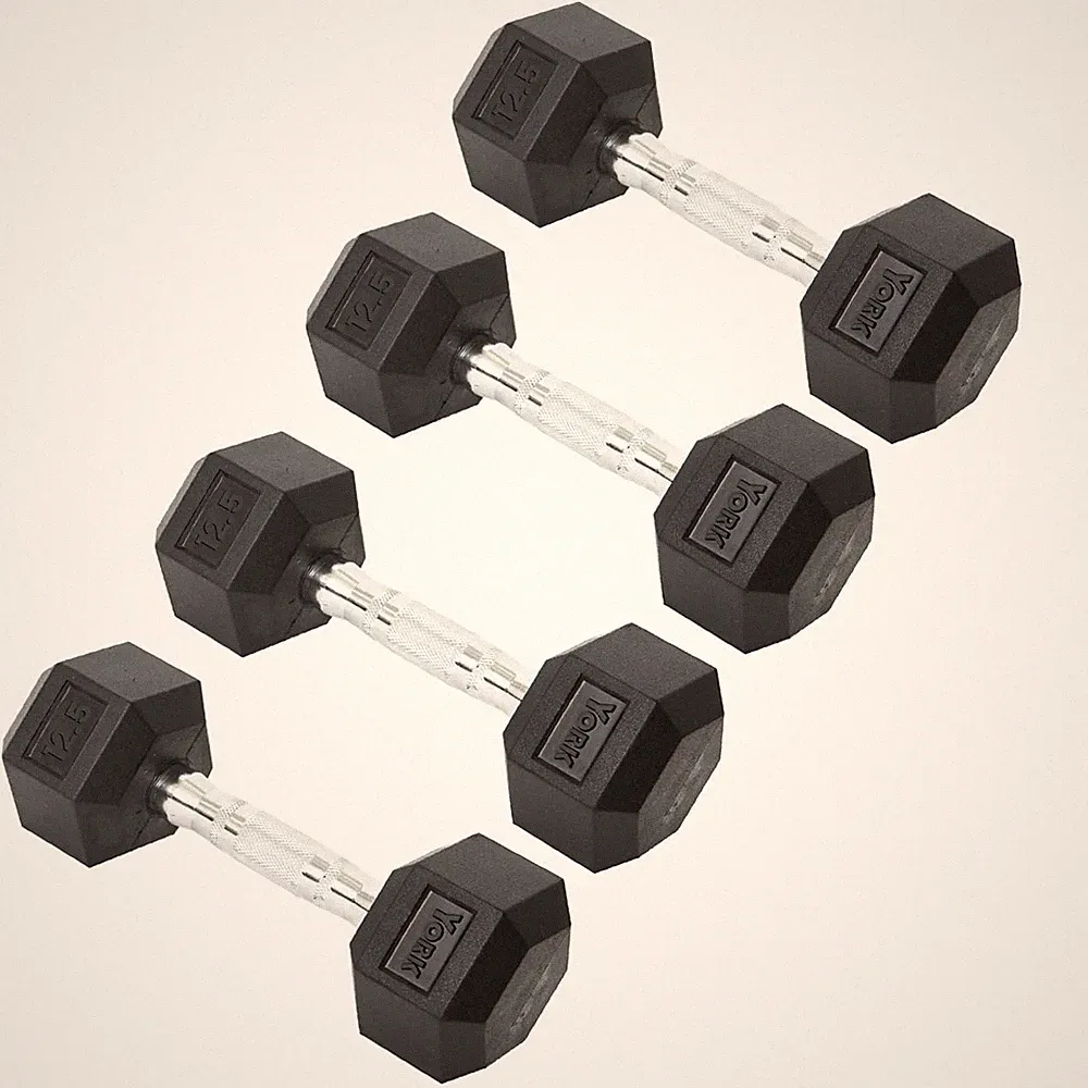 York Barbell Hex Dumbbell Set 12.5LB Rubber Coated Fixed Weight Dumbbells Pack4