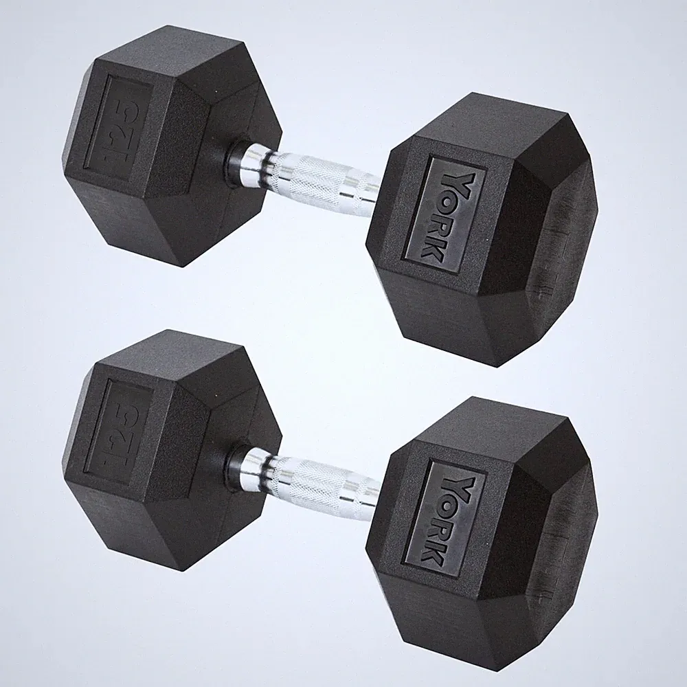 York Barbell Hex Dumbbell Set 125LB Rubber Coated Fixed Weight Dumbbells Pack 2