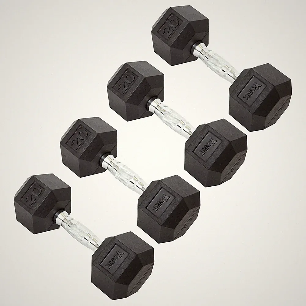 York Barbell Hex Dumbbell Set 20LB Rubber Coated Fixed Weight Dumbbells Pack 4