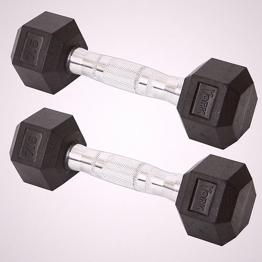 York Barbell Hex Dumbbell Set 7.5LB Rubber Coated Fixed Weight Dumbbells Pack 2