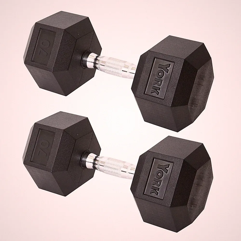 York Barbell Hex Dumbbell Set 70LB Rubber Coated Fixed Weight Dumbbells Pack 2