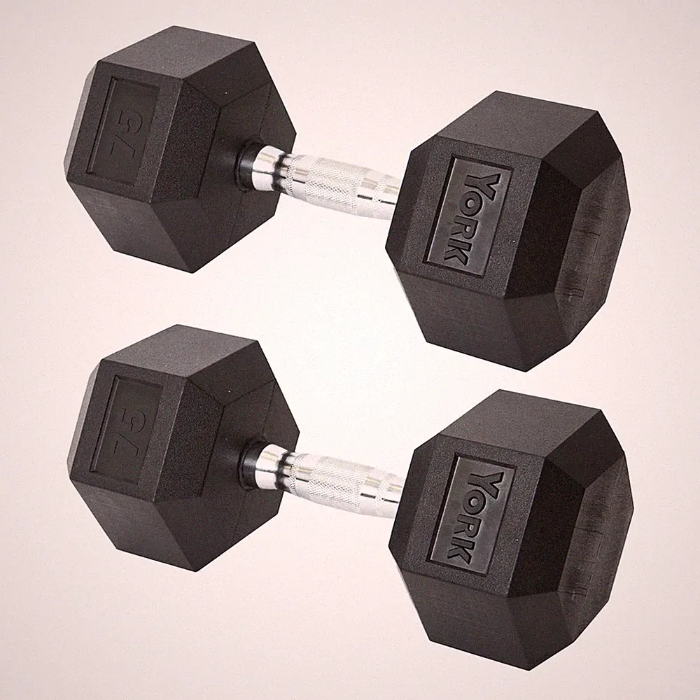 York Barbell Hex Dumbbell Set 75LB Rubber Coated Fixed Weight Dumbbells Pack 2
