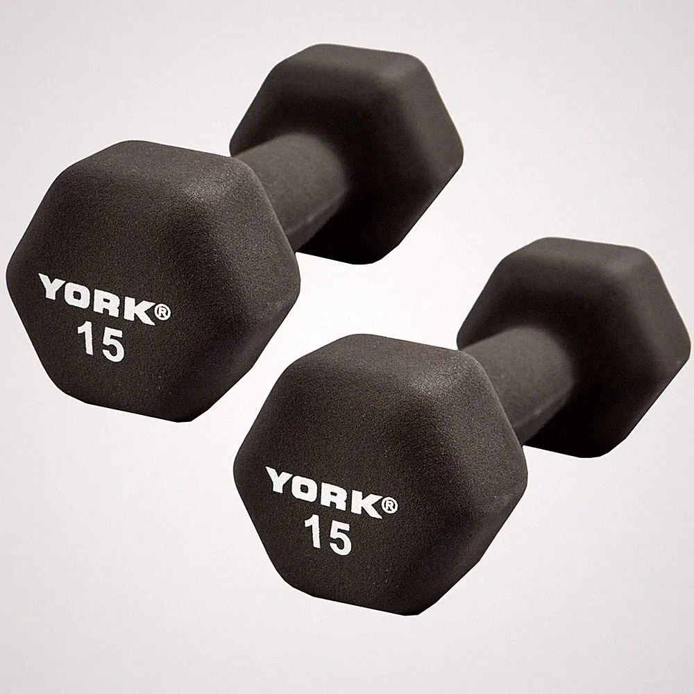 York Barbell Neoprene Hexagon Dumbbells with Cast Ergo Handle (15lb, Pack of 2)