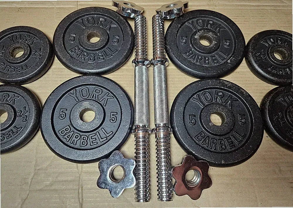 York Dumbbell Set Standard weight plates and dumbbell handles 30lbs total