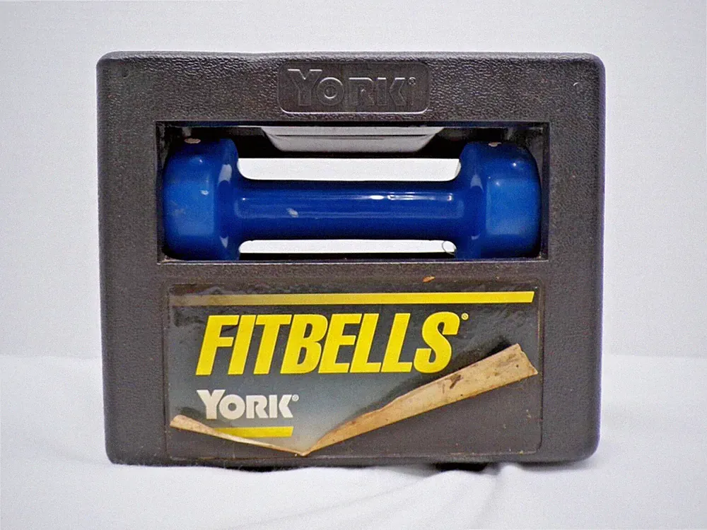York Pair of Vintage fitbells plastic covered 5 lb dumbbells with holding case